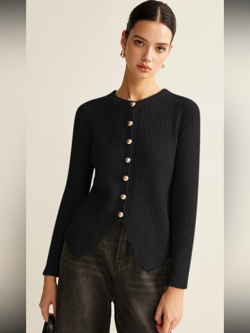 Black Ribbed Button-Front Women's Sweater - Classic Crewneck